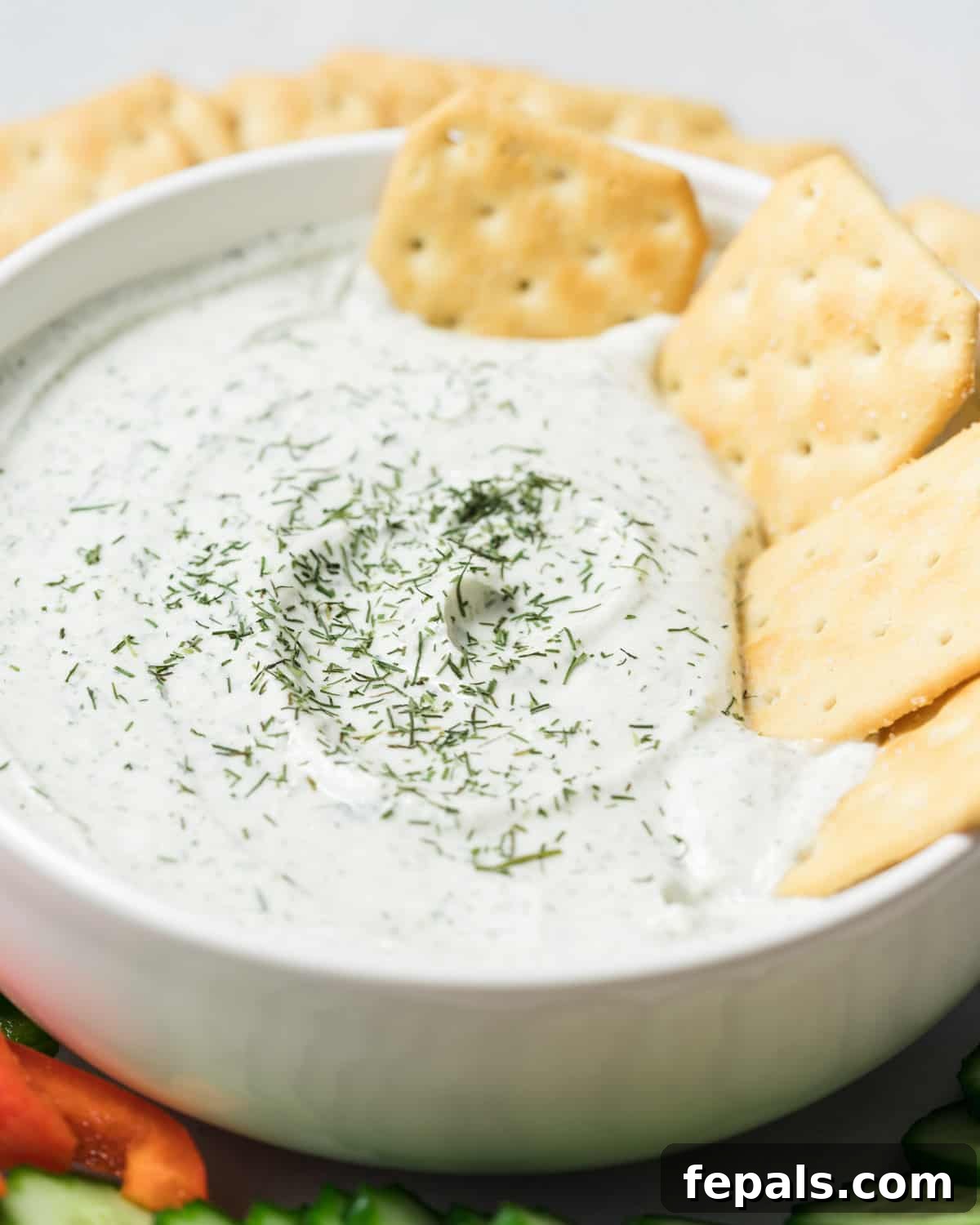 Protein-Packed Ranch Dip 8 Cottage cheese dip with crackers dipped in it.