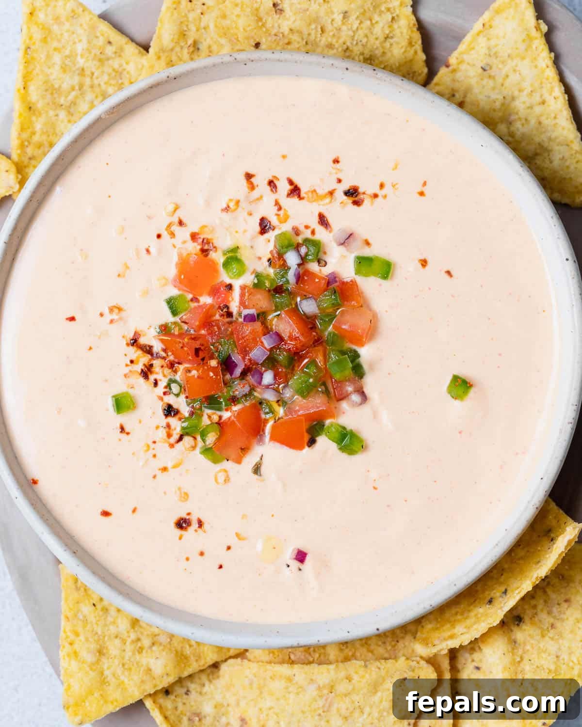 The Creamy Cottage Cheese Queso Hack 2 Creamy cottage cheese queso garnished with fresh chopped tomatoes and jalapeños, surrounded by a generous serving of crispy tortilla chips.