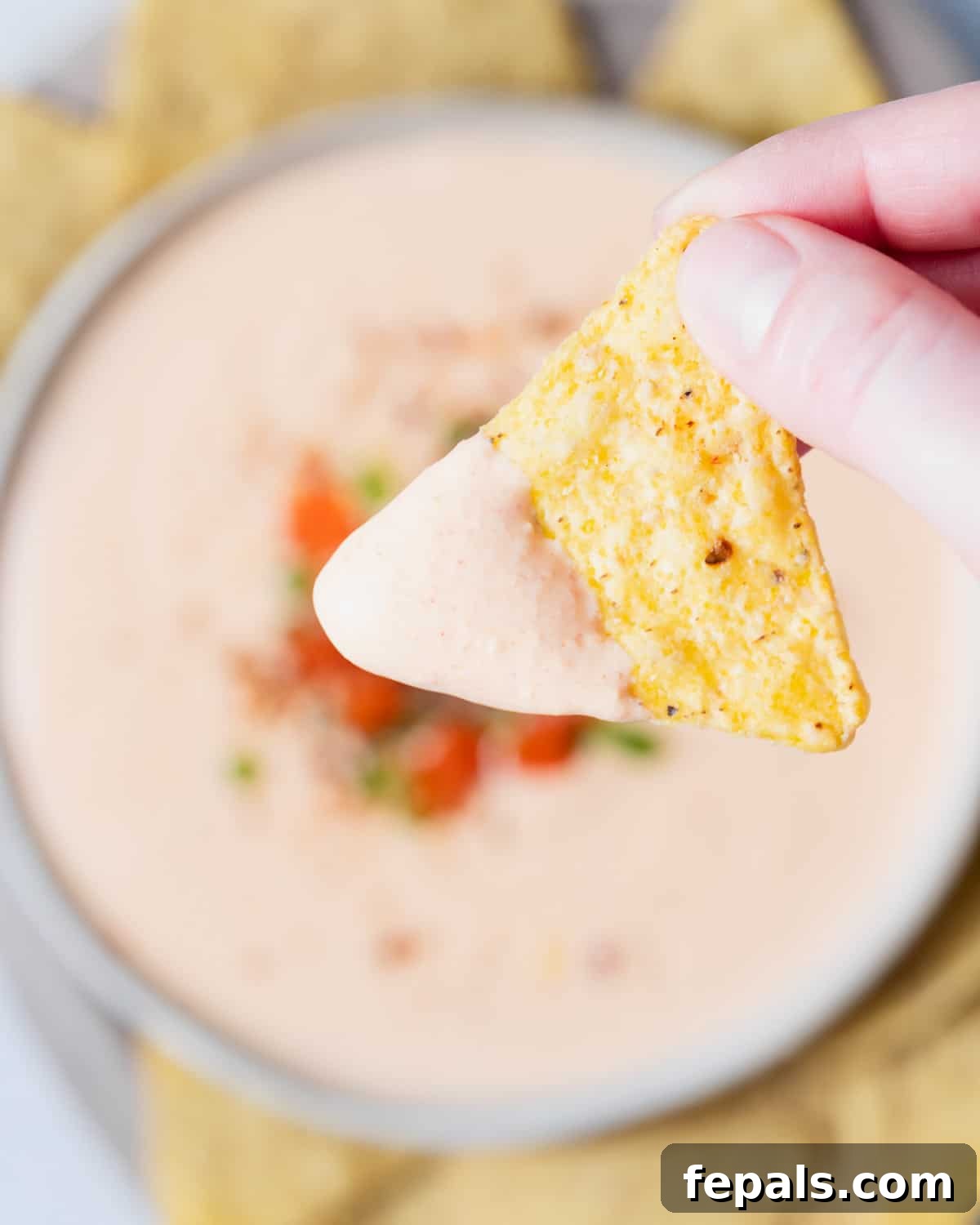 The Creamy Cottage Cheese Queso Hack 11 A hand holding a tortilla chip generously loaded with creamy cottage cheese queso, ready to be eaten.