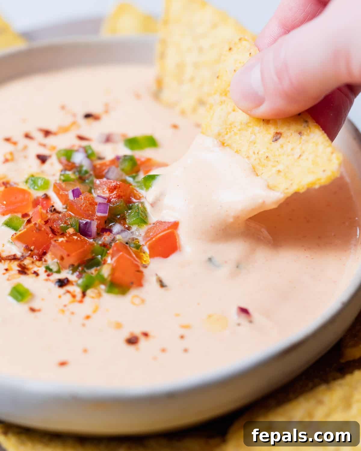 The Creamy Cottage Cheese Queso Hack 3 A hand dipping a crispy tortilla chip into a bowl of creamy, melted cottage cheese queso.