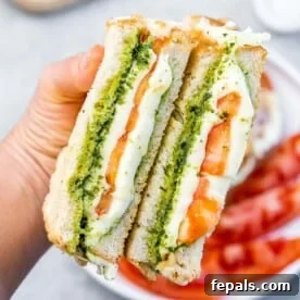 hand holding 2 halved grilled cheese with pesto and tomatoes.