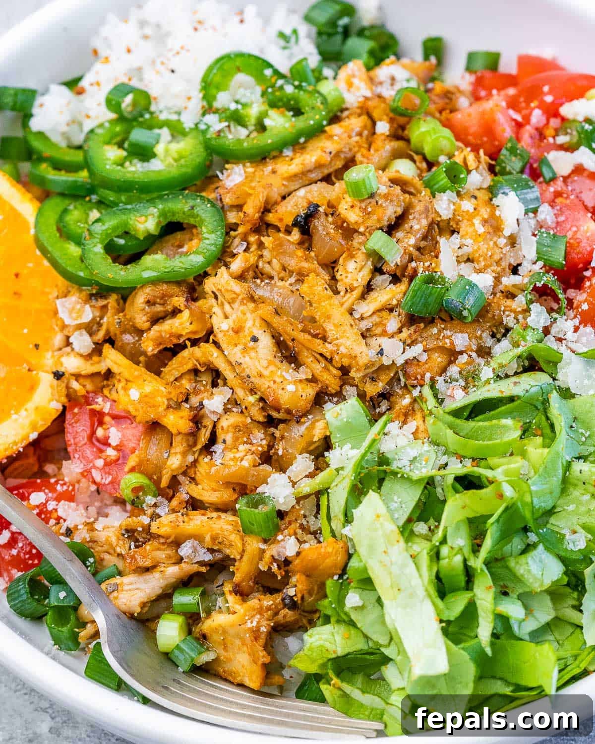 Crispy Pulled Chicken Carnitas 9 A close-up of a serving of chicken carnitas with cilantro lime rice, fresh jalapeños, and vibrant cherry tomatoes, ready to be enjoyed.