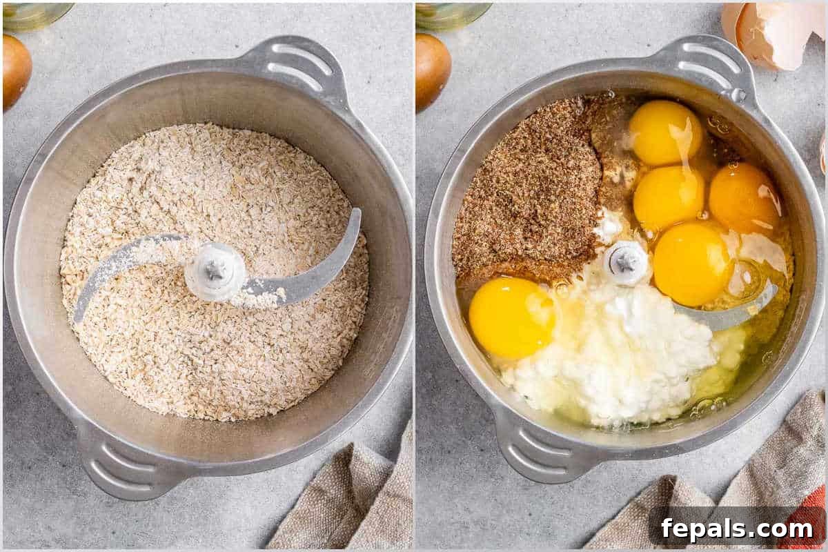 Golden Cottage Loaf 5 A food processor bowl containing blended oats, cottage cheese, eggs, ground flax seed, and other ingredients, showing the smooth batter ready for baking.