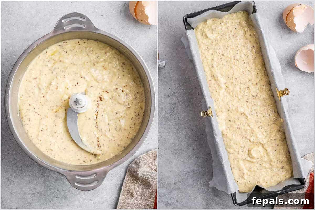 Golden Cottage Loaf 6 A process shot showing the smooth cottage cheese bread batter in the food processor, ready to be poured into the prepared loaf pan for baking.