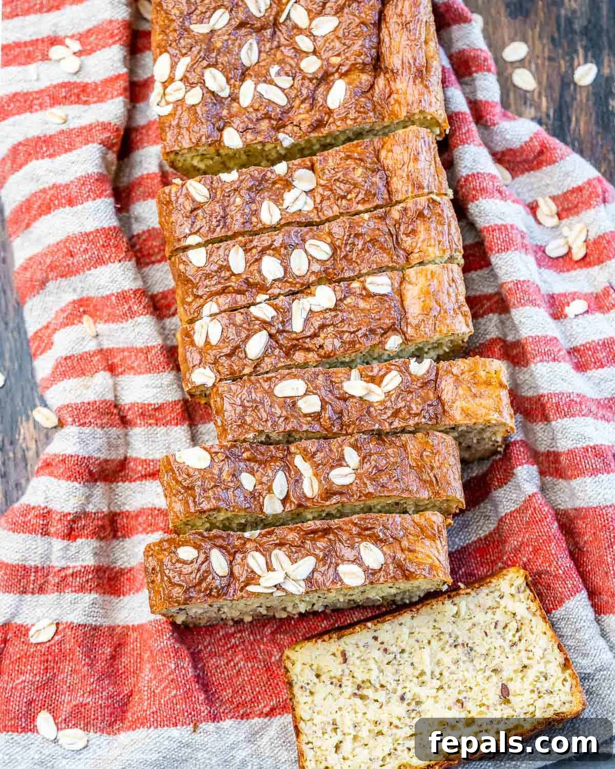 Golden Cottage Loaf 7 Beautifully sliced pieces of freshly baked cottage cheese bread, ready to be served, arranged on a vibrant red and white towel.