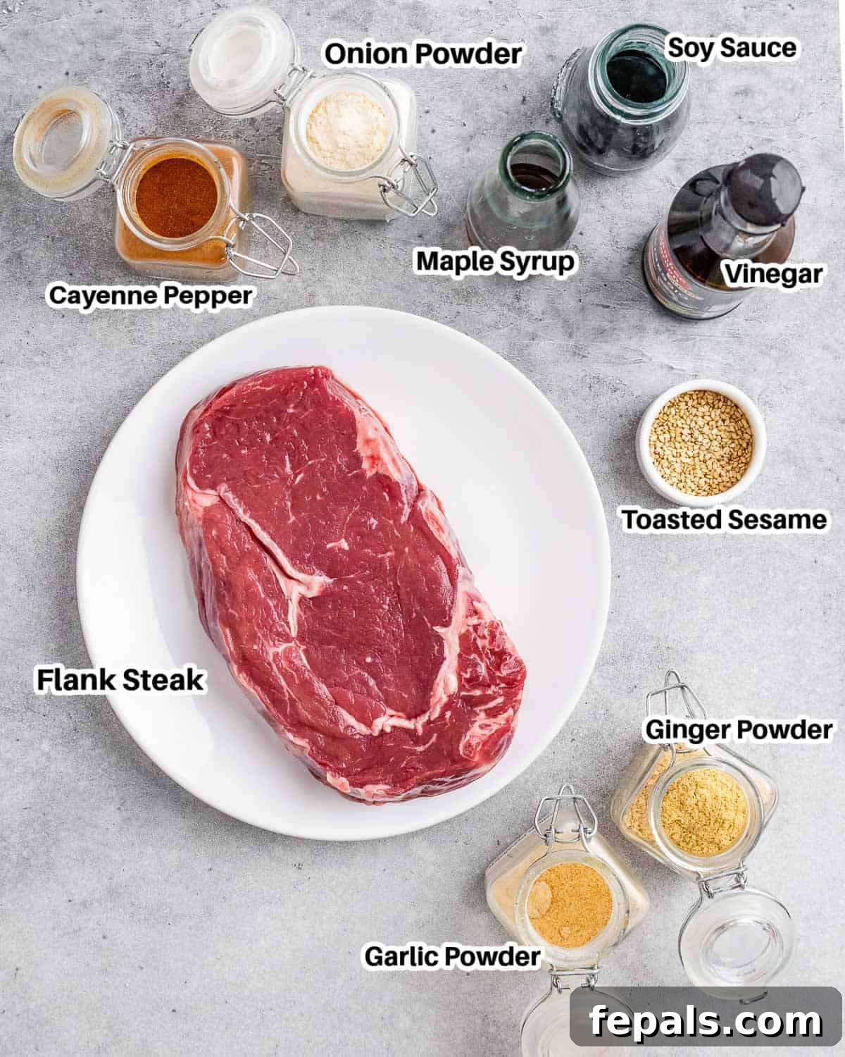 Sweet and Savory Teriyaki Steak 4 Labelled ingredients for teriyaki steak.