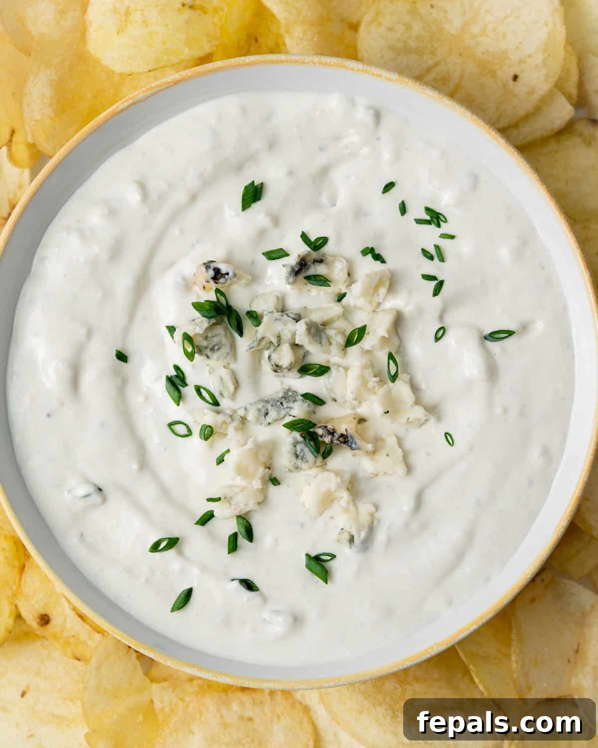 Decadent Blue Cheese Dip 2 Blue cheese dip in a white bowl served with chips.