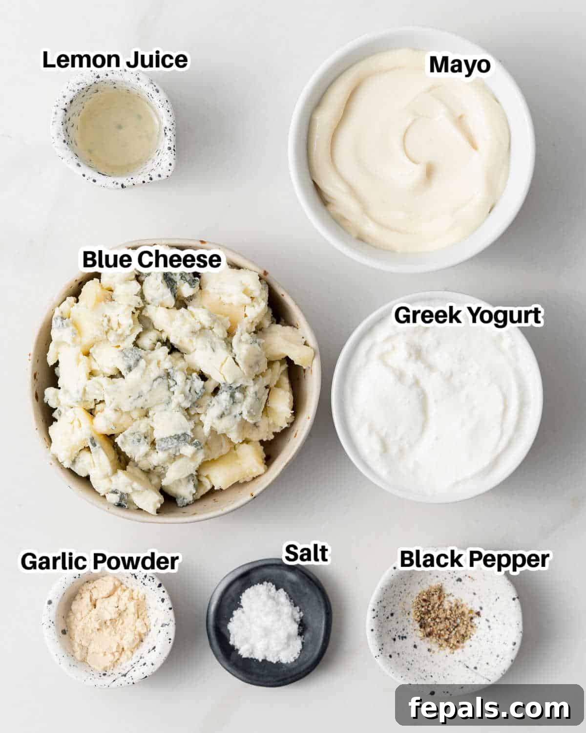 Decadent Blue Cheese Dip 3 ingredients laid out to make blue cheese dip.