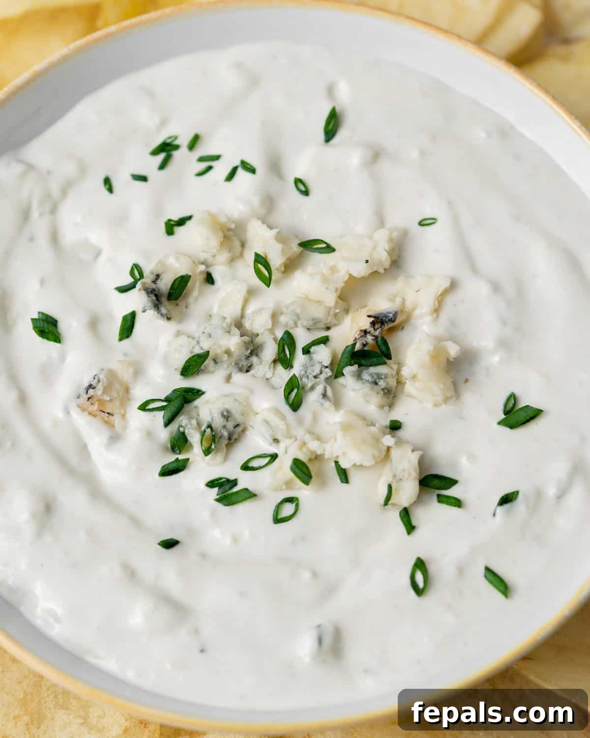 Decadent Blue Cheese Dip 6 Blue cheese dip garnished with blue cheese crumbles and green onions.