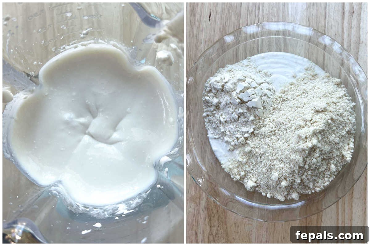 Protein-Packed Cookie Dough Delight 4 Process shot showing blended cottage cheese in a dish, with almond flour and protein powder being added on top.