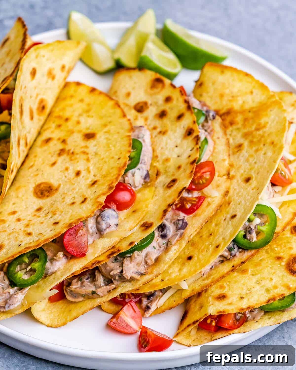 Effortless Flavorful Shredded Chicken Tacos 2 A plate of finished chicken tacos with golden tortillas, colorful toppings, and lime wedges ready to serve.