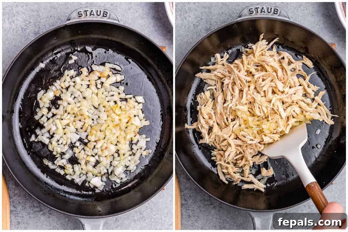 Effortless Flavorful Shredded Chicken Tacos 3 process shot sauteing onions and adding shredded chicken in pan.