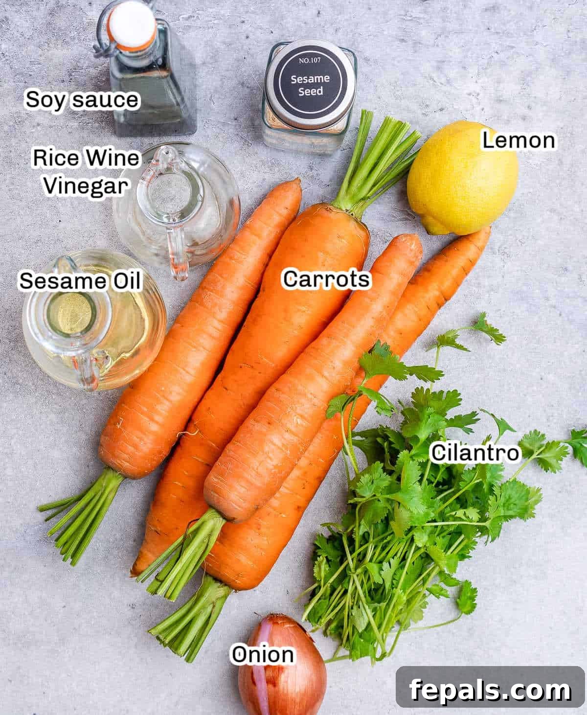 Viral Carrot Salad Sensation 4 All the fresh ingredients laid out for making the Asian viral carrot salad, including carrots, shallots, cilantro, and dressing components.
