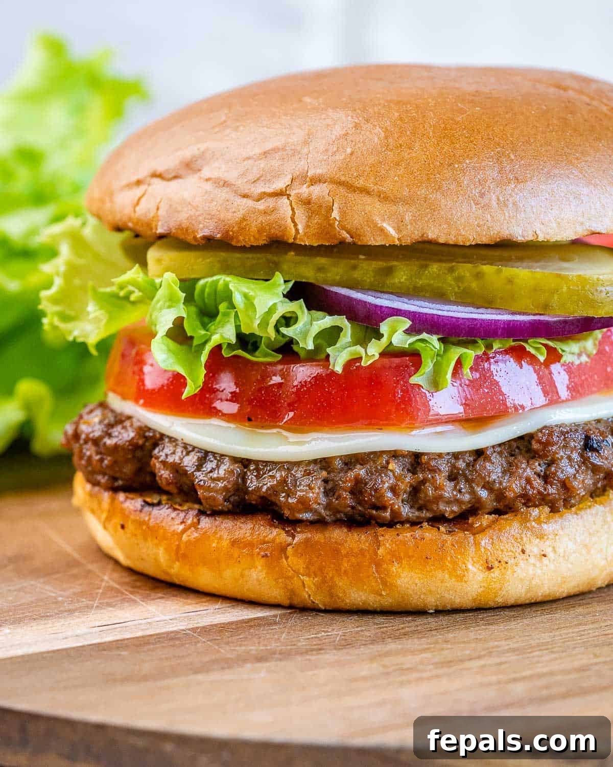 Burger Perfection, Made Easy 10 Homemade hamburger with cheese, tomato slice, lettuce, red onion and pickles.