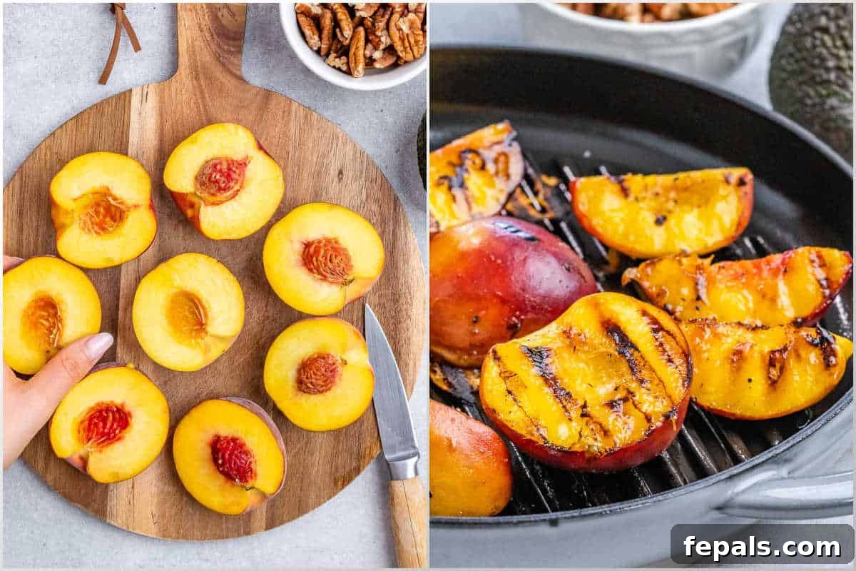 Process shots of preparing peaches for grilling and pan grilling them.