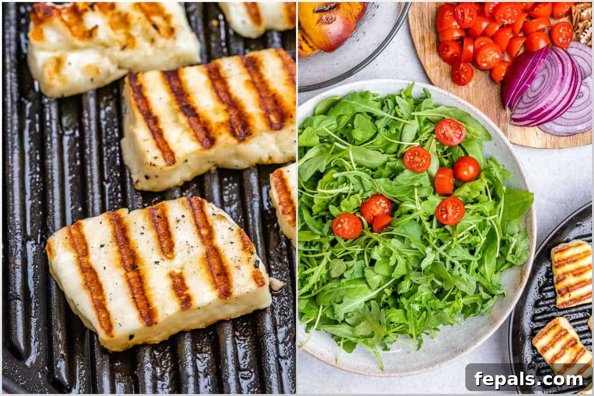 Grilled halloumi cheese slices and the process of assembling the salad with various fresh ingredients.