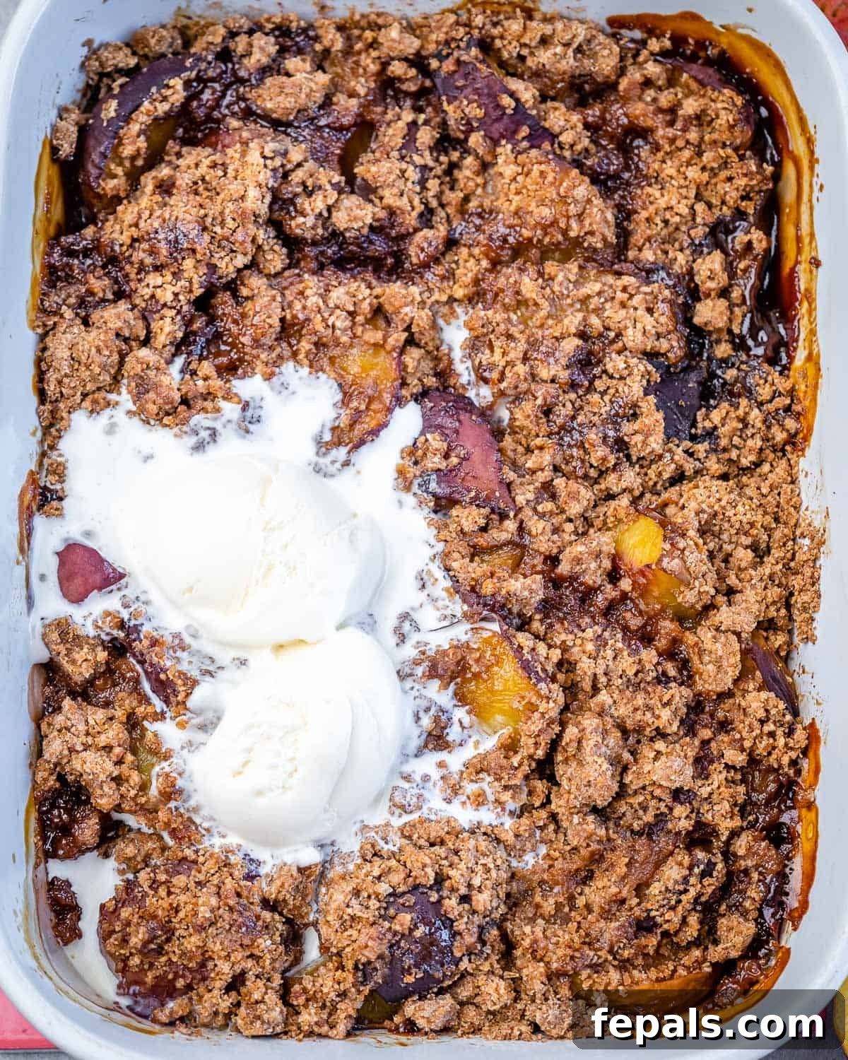Wholesome Peach Cobbler 2 Peach cobbler topped with vanilla ice cream.