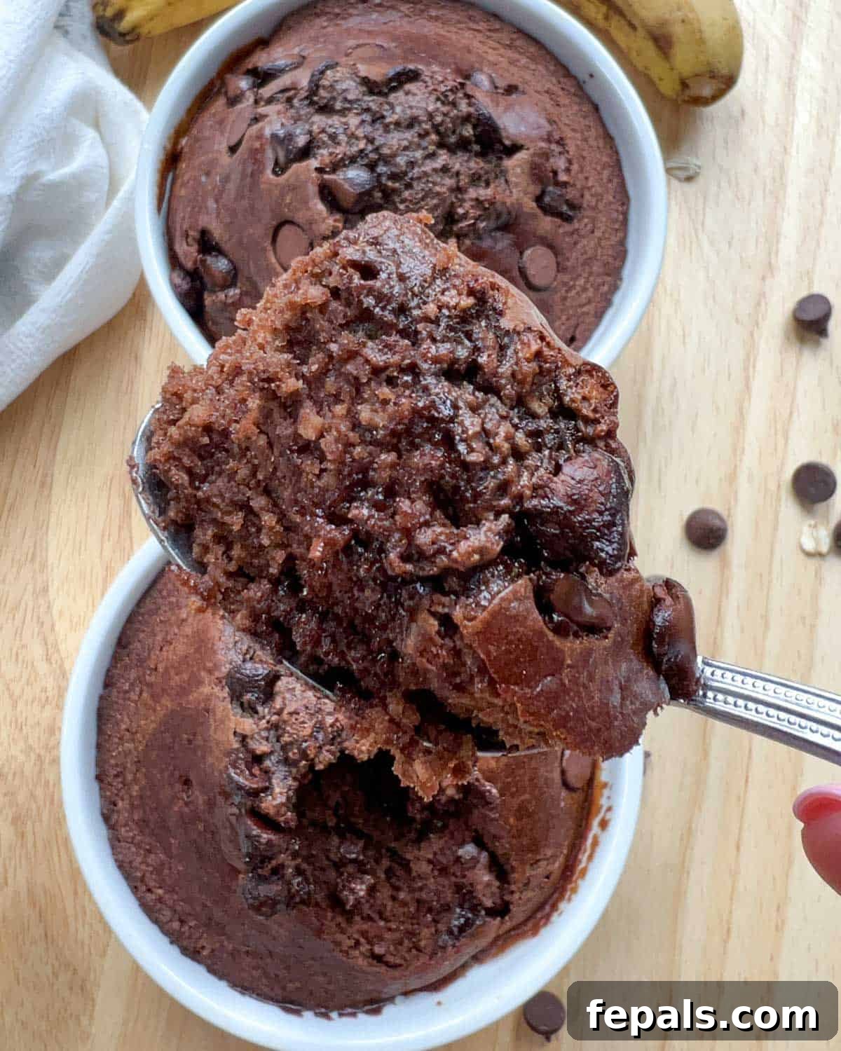 Decadent Chocolate Protein Baked Oats 10 A spoonful of rich chocolate baked oats is lifted from the ramekin, showcasing its moist, cake-like texture.