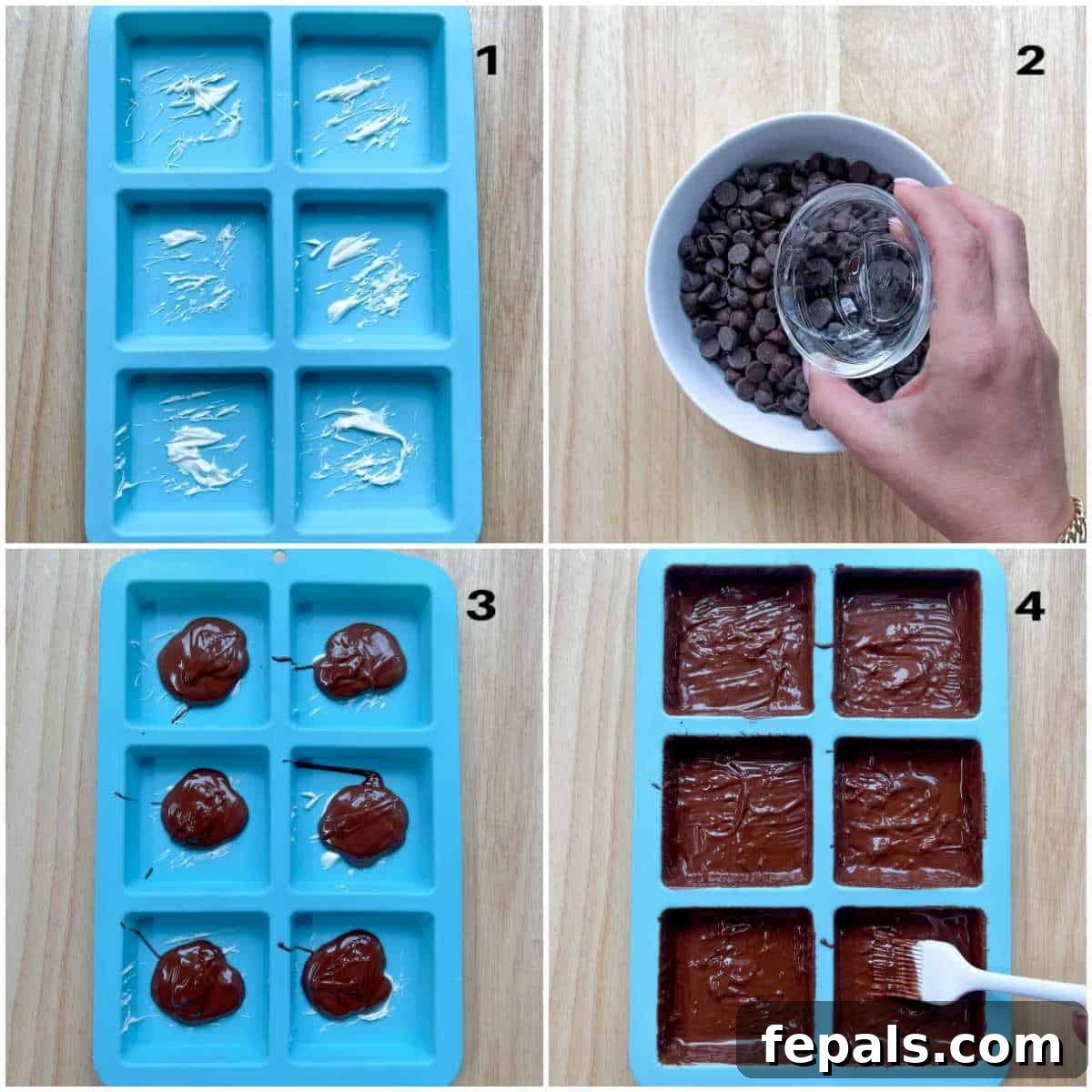 A collage showing the initial steps of making Dubai chocolate bars, including melting chocolate and spreading it into silicone molds.