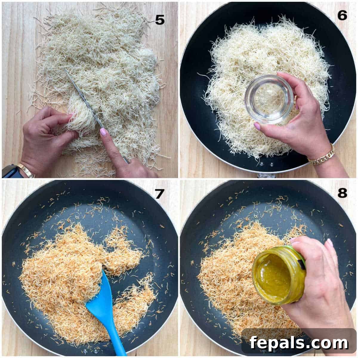 A collage showing the process of preparing the crunchy kataifi filling, including chopping, toasting with coconut oil, and mixing with pistachio butter.