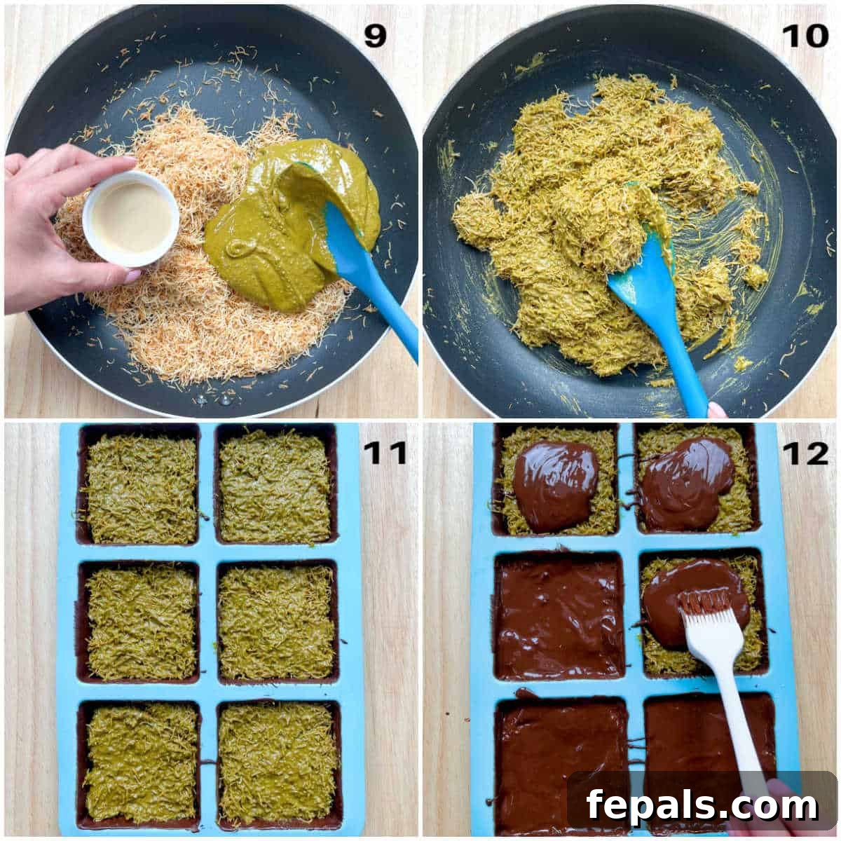 A collage demonstrating the final steps of assembling the Dubai chocolate bar: adding the pistachio filling, covering with more melted chocolate, and allowing it to set.