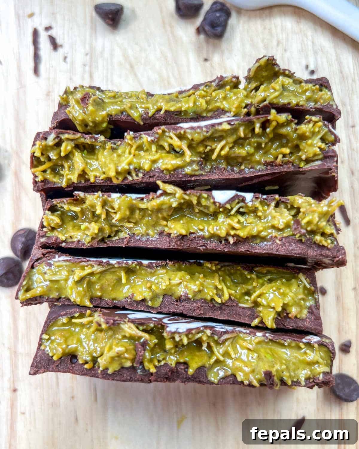 Five beautifully crafted chocolate bars, halved to showcase the rich, green pistachio filling, arranged invitingly.