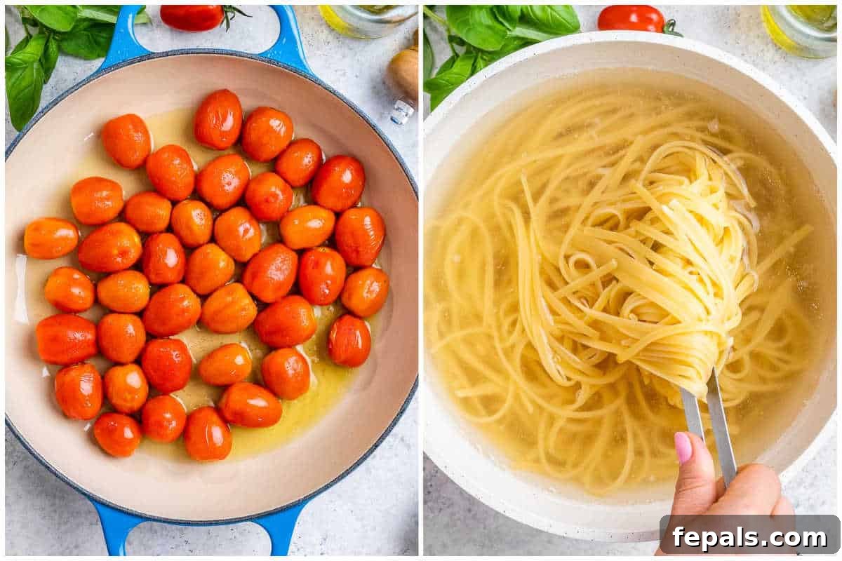 Fresh and Fast Tomato Basil Pasta 4 process shot to cook the tomato in a pan and the pasta in a pot.