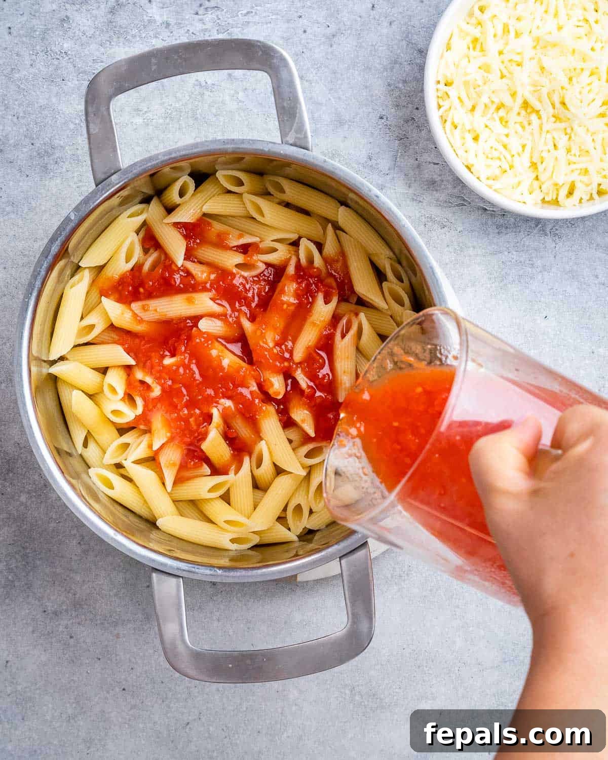 Ultimate Chicken Parm Bake 4 Pouring marinara sauce over cooked pasta in a bowl.