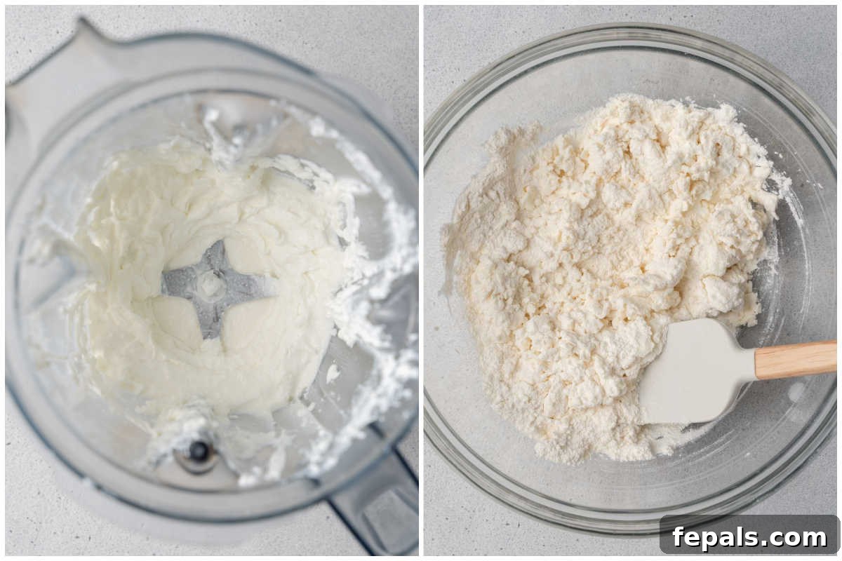 Protein Packed Cottage Cheese Bagels Yeast Free 4 Process shot showing cottage cheese being blended in a blender and then added to a mixing bowl with flour.