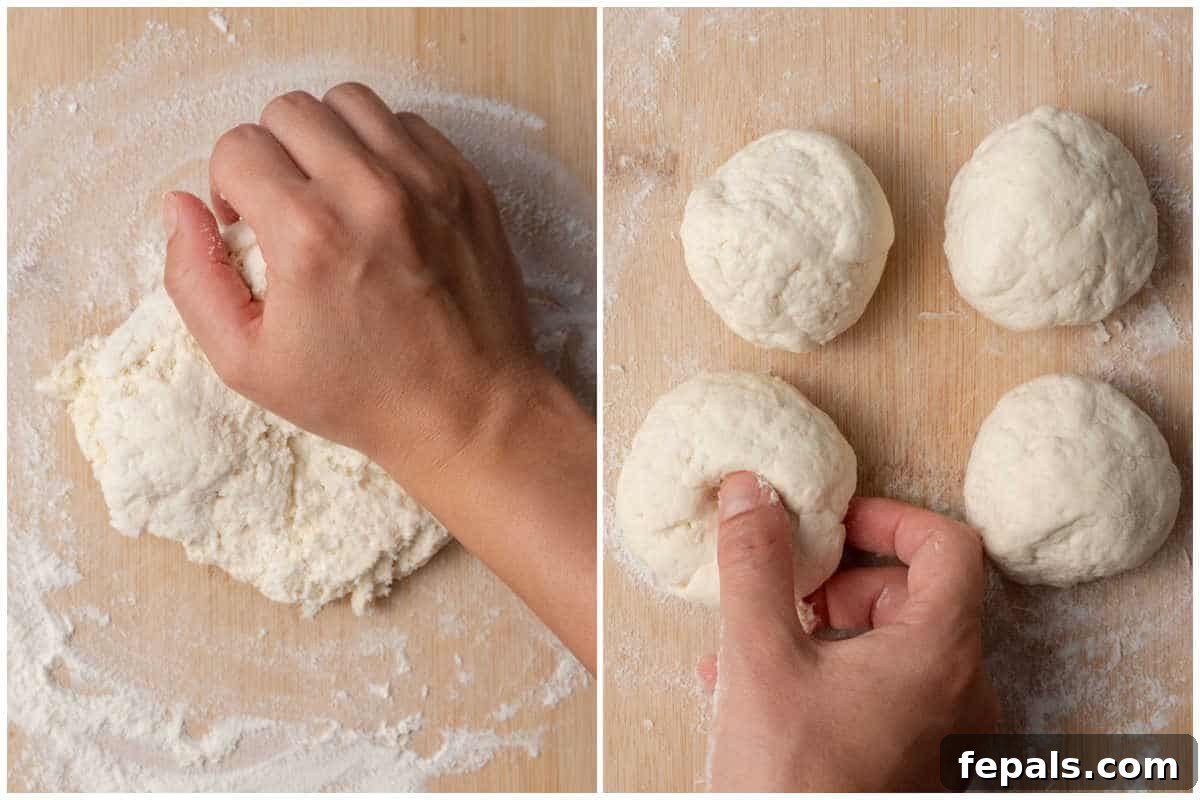 Protein Packed Cottage Cheese Bagels Yeast Free 5 Process shot showing dough being kneaded by hand and then divided into four equal parts.