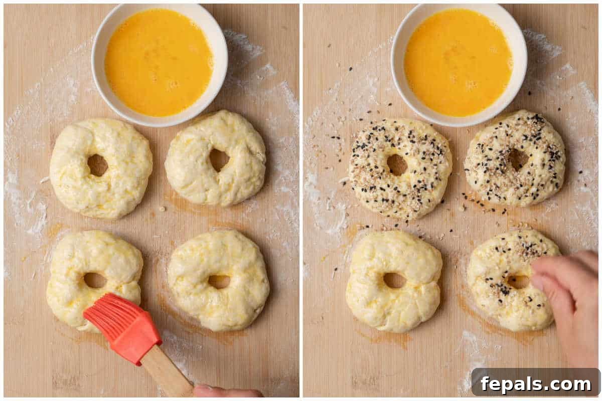 Protein Packed Cottage Cheese Bagels Yeast Free 6 Process shot showing egg wash being brushed onto shaped bagels and everything bagel seasoning being sprinkled on top.
