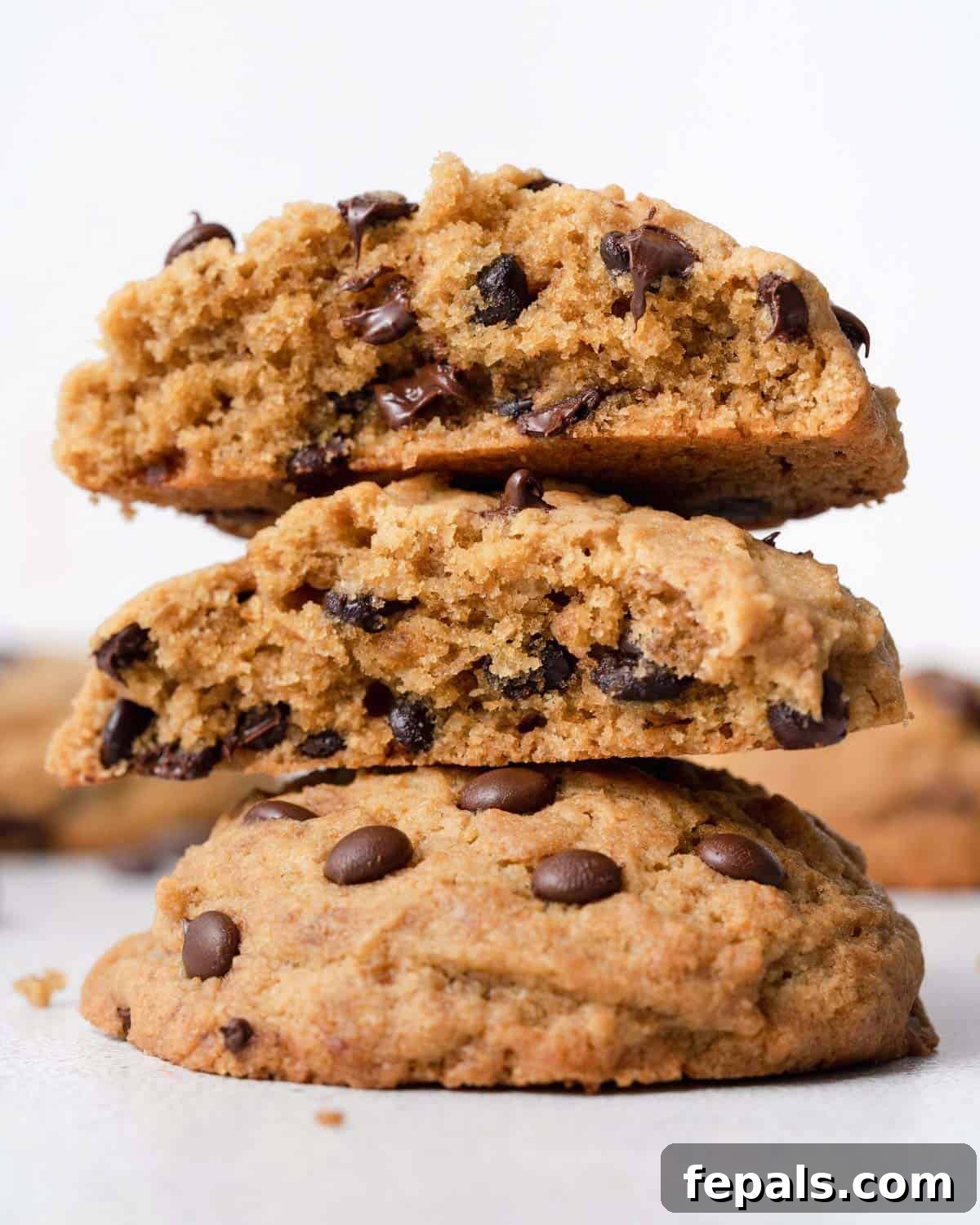 Liquid Gold Chocolate Chip Cookies 13 Three olive oil chocolate chip cookies stacked.