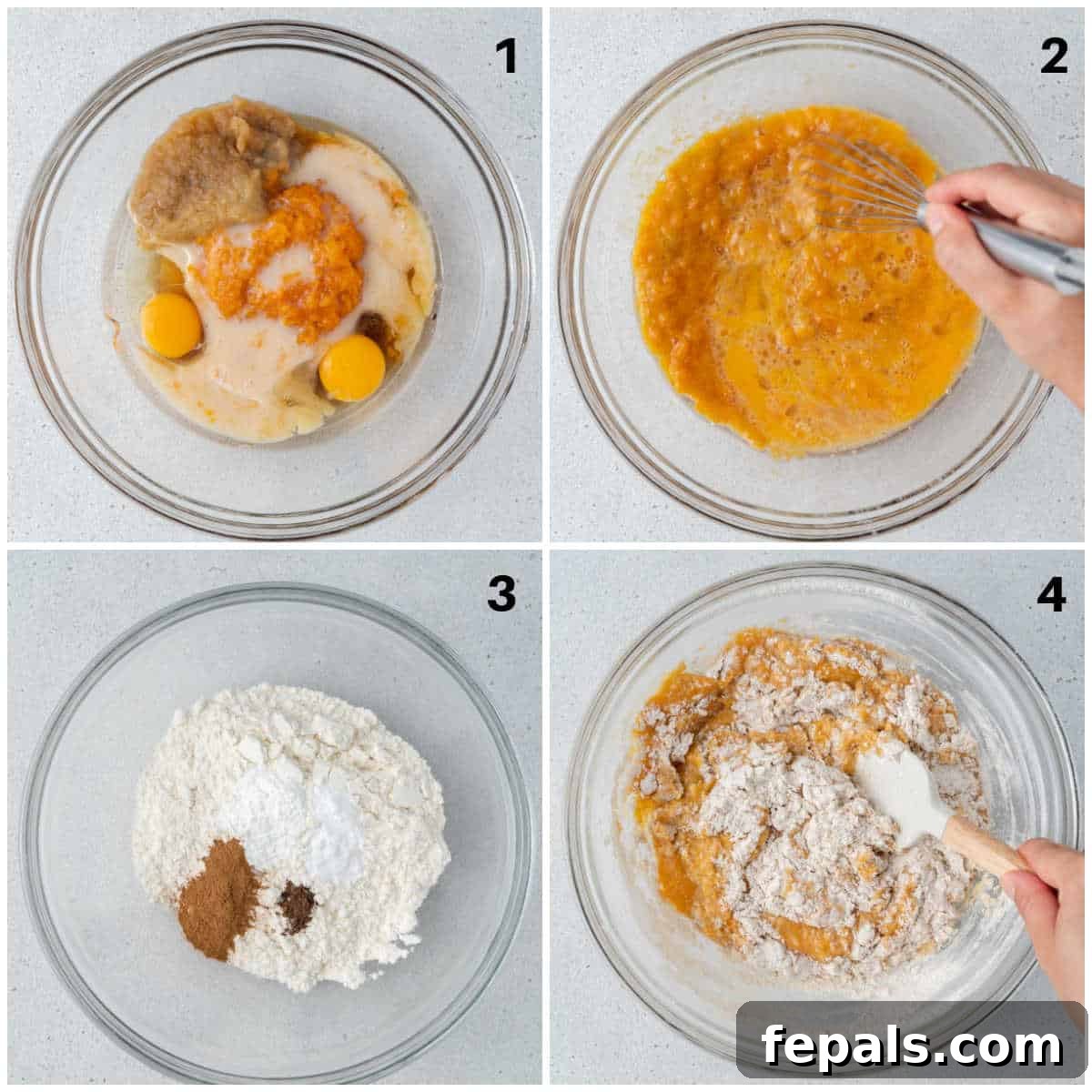 mixing the wet ingredients for sweet potato muffins in a large bowl