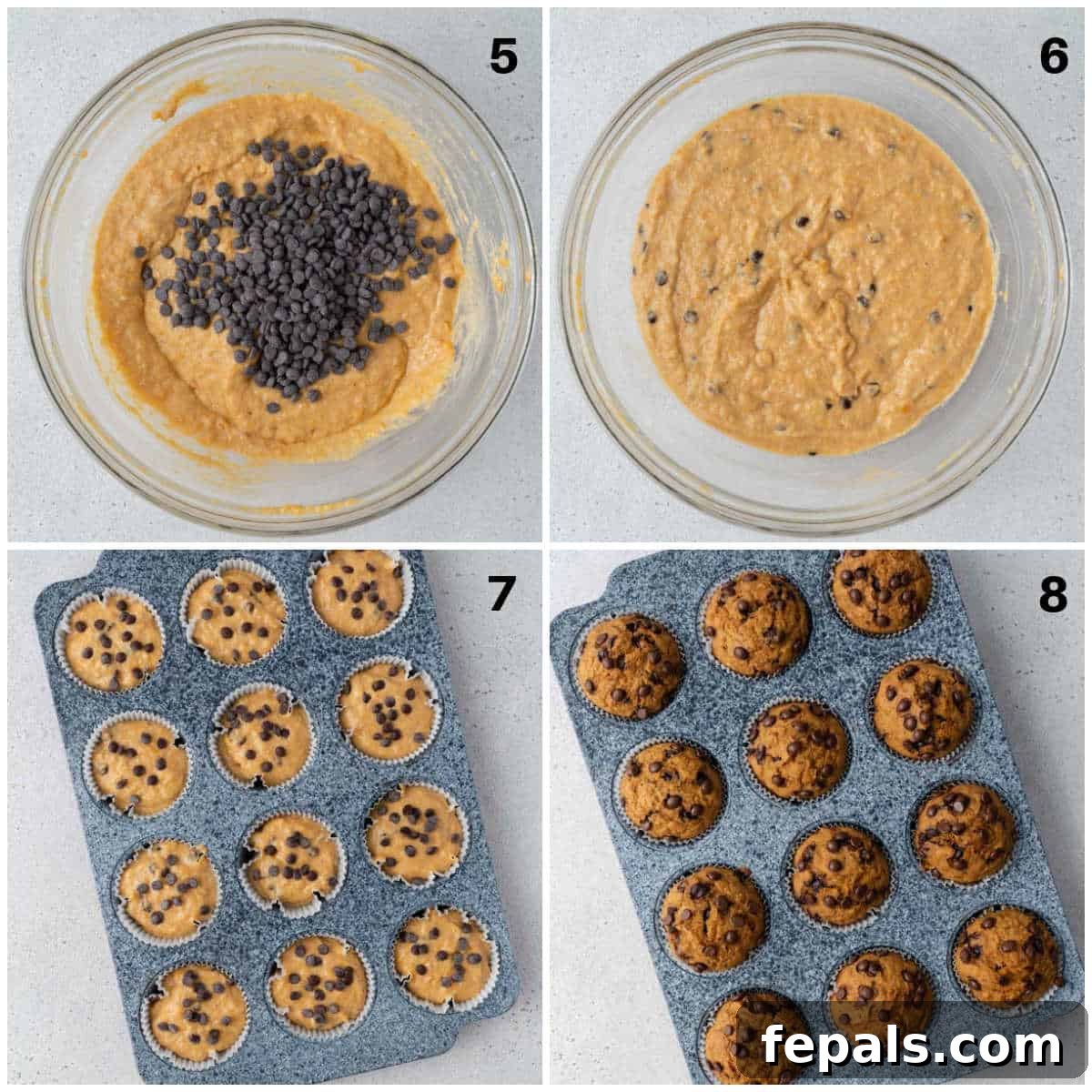 folding chocolate chips into sweet potato muffin batter and filling muffin cups