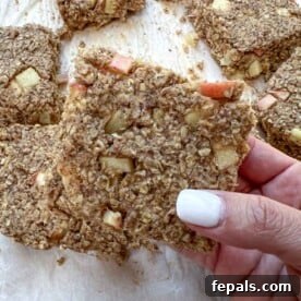 A hand holding an apple oatmeal bar, highlighting its texture and deliciousness.