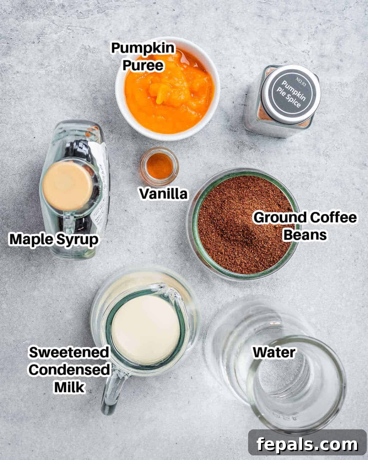 All ingredients for making pumpkin cold brew laid out neatly on a wooden surface: coarse coffee grounds, a can of pumpkin puree, bottles of maple syrup and vanilla extract, a can of condensed milk, and a jar of pumpkin pie spice.