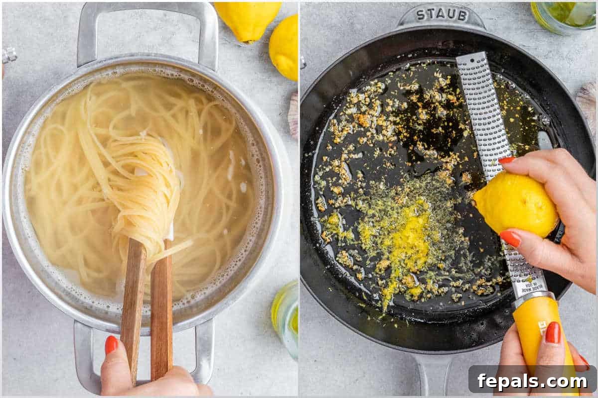 Process shot of cooking pasta and zesting a lemon in a pan, showing preparation steps.