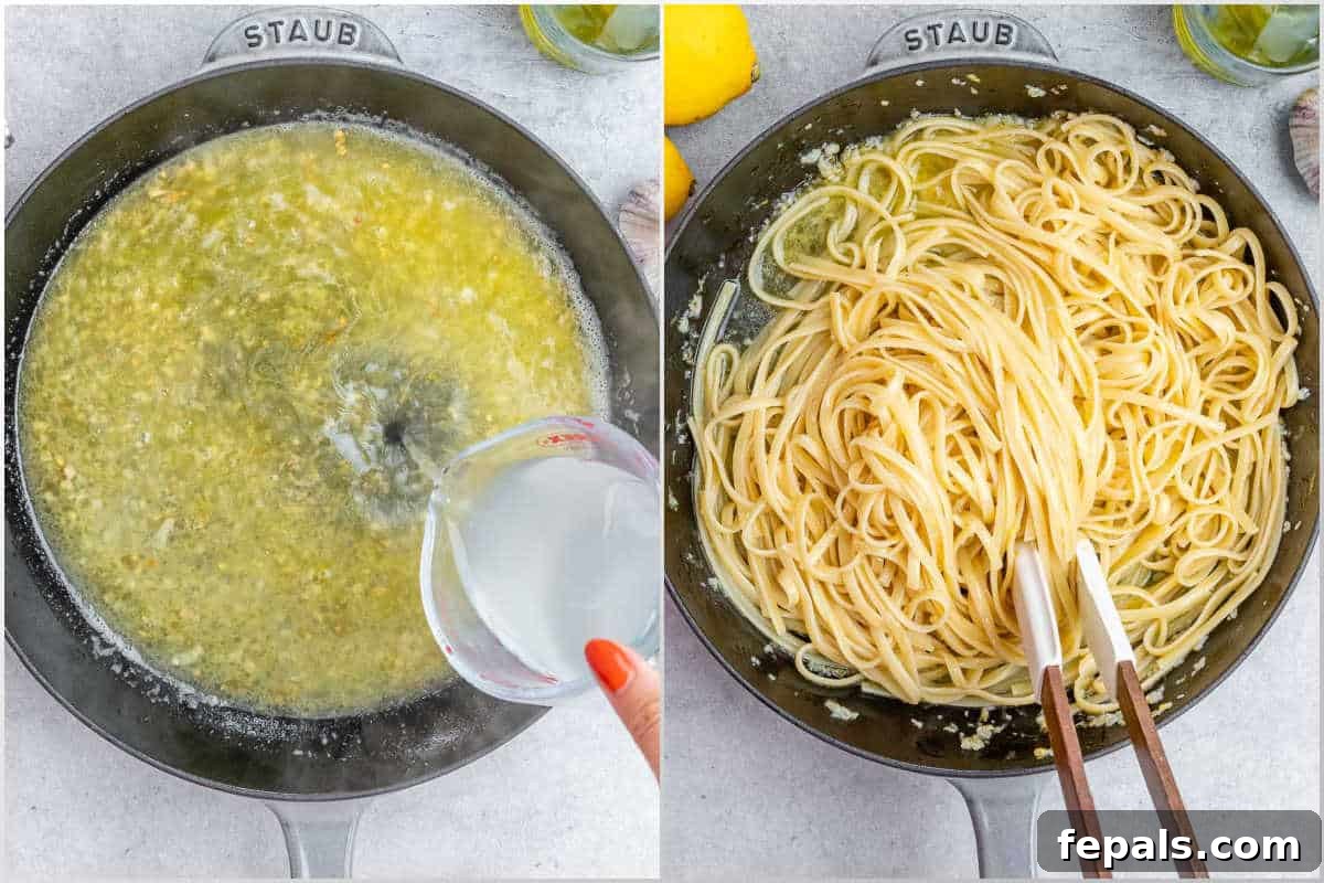 Adding pasta water over the lemon sauce in a skillet.