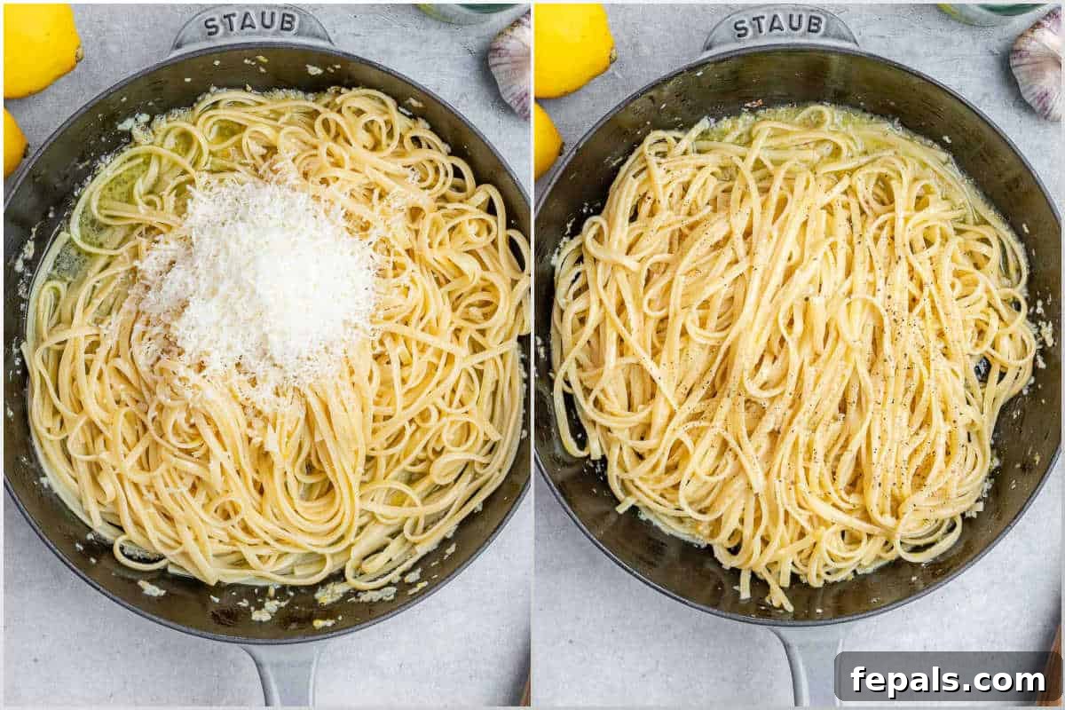 Adding the parmesan cheese to the pasta and cooking it off, creating a creamy texture.