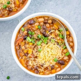 Easy Crockpot Chili 11 Chili with beans in a round bowl with a spoon in it.
