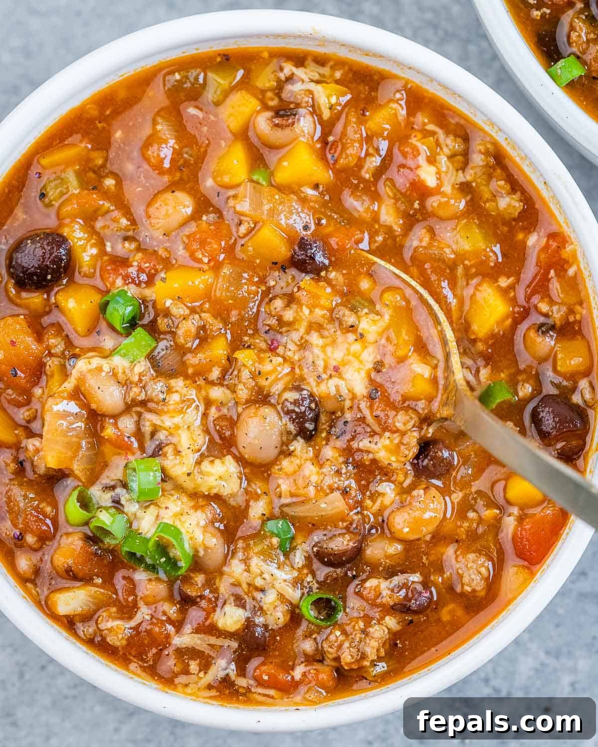 Easy Crockpot Chili 8 A spoon diving into a bowl full of rich beef and bean chili, garnished with sliced green onion.