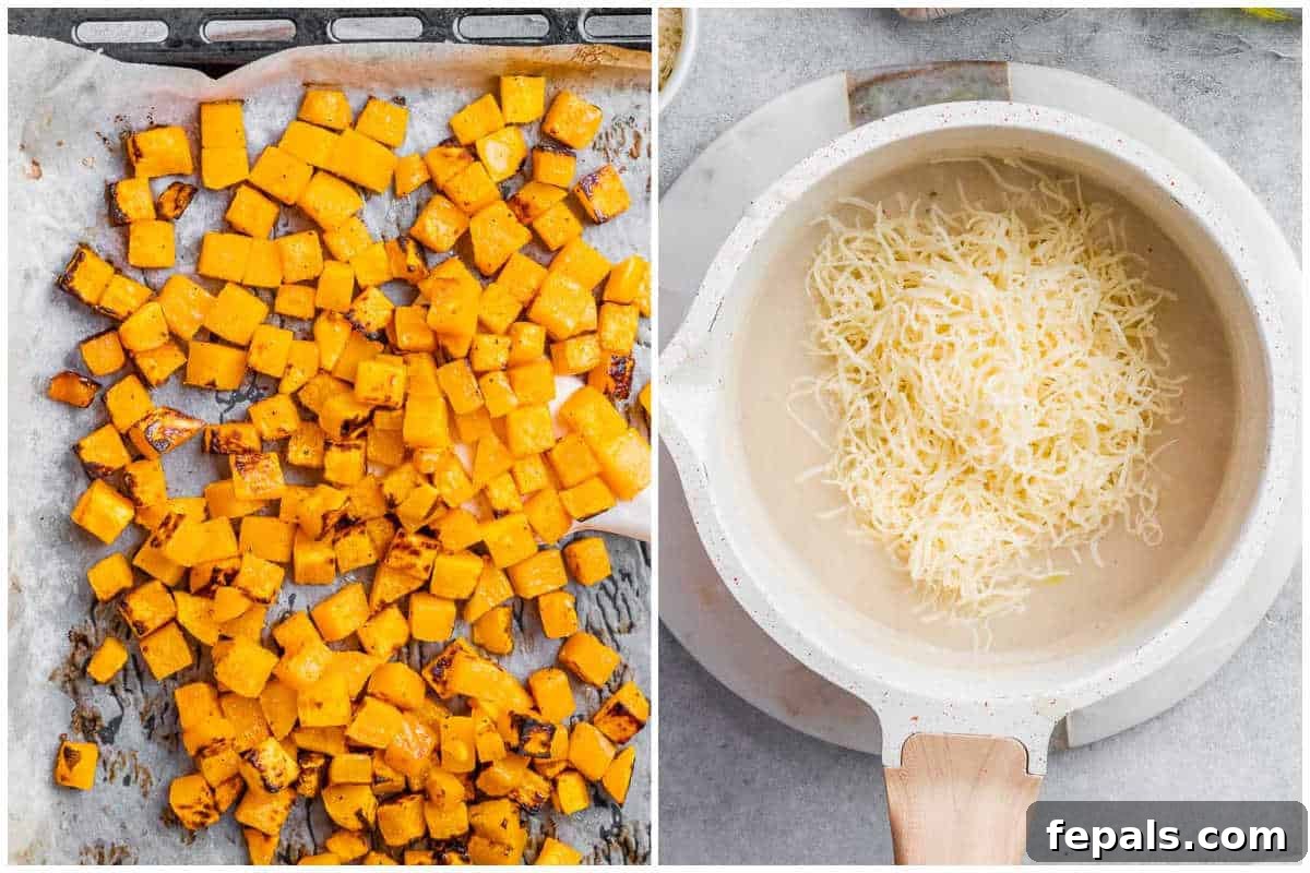 Velvety Butternut Mac and Cheese 11 process shot of roasting the butternut squash and making the cheese sauce.