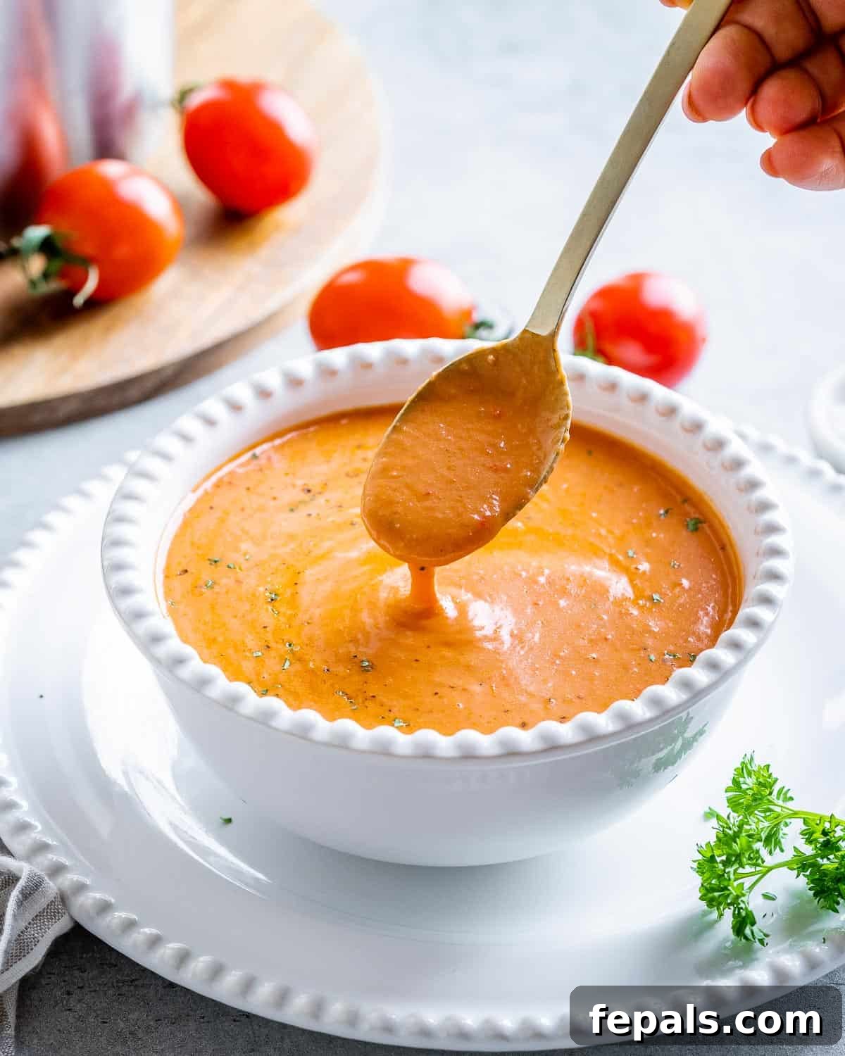 Smoked Tomato Bisque 10 A beautiful bowl of creamy roasted tomato soup, with a spoon dipping in, ready to be enjoyed.