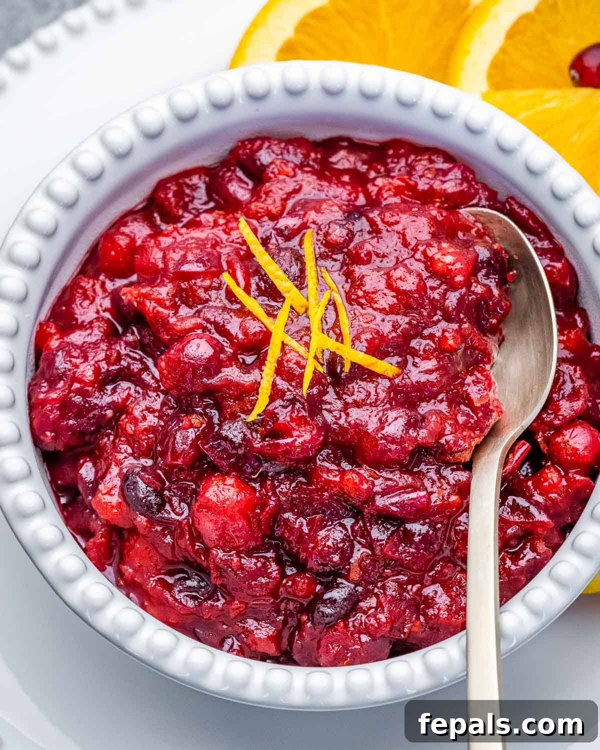 Vibrant Cranberry Orange Relish 2 A beautiful white bowl filled with glistening homemade cranberry orange sauce, garnished with a fragrant cinnamon stick, ready to be served at a festive holiday meal.