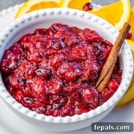 A white bowl filled with cranberry sauce with a cinnamon stick in bowl.