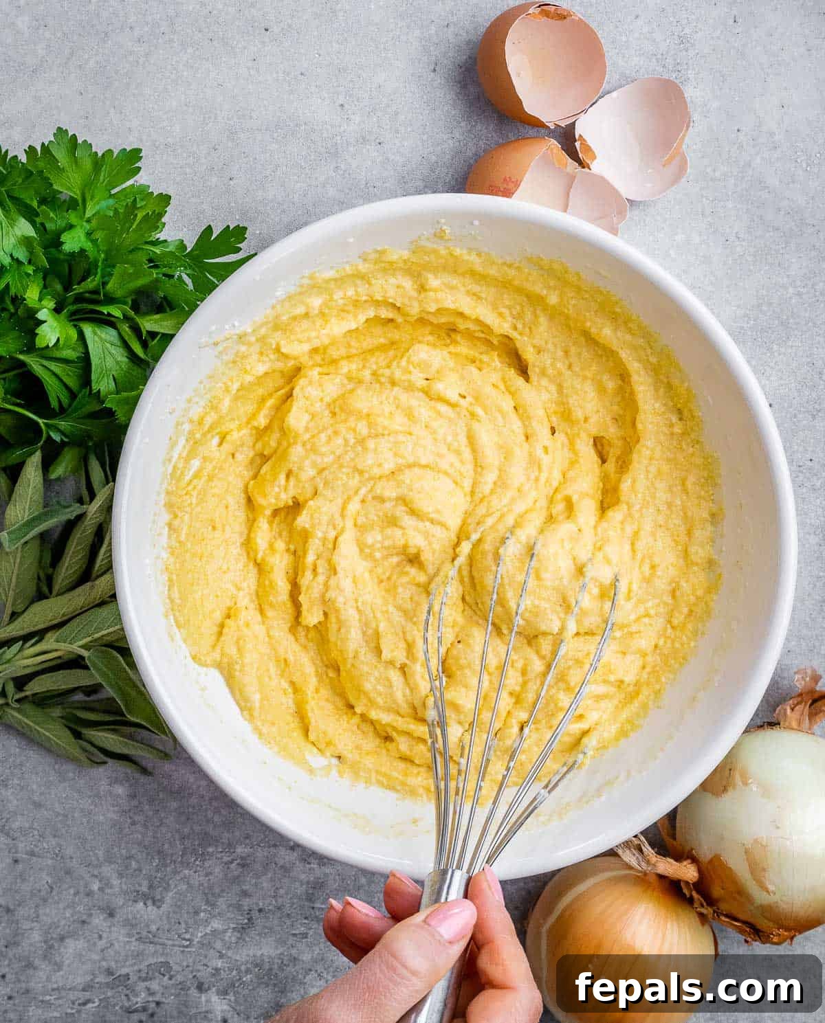 Mixing cornbread batter in a large white bowl with a spatula.