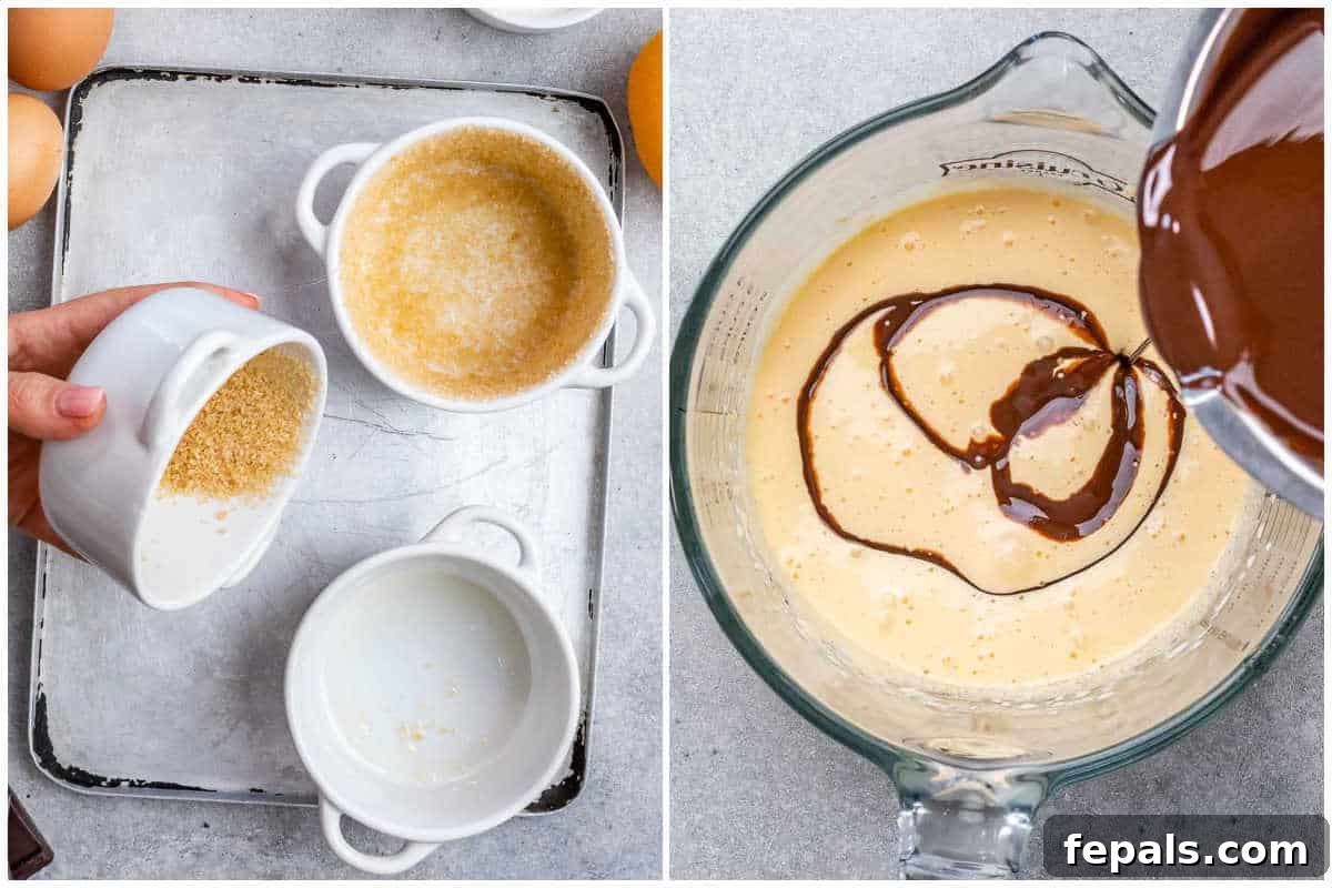Process shot showing a hand sprinkling brown sugar into a prepared ramekin and a glass bowl with melted chocolate being gently folded into egg yolks.