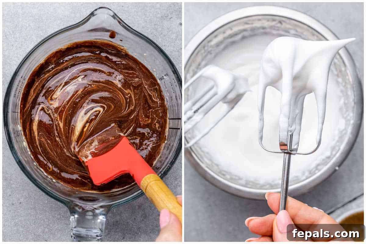 Detailed process shot showing the rich chocolate mixture being folded with a spatula and, separately, stiff peaks of egg whites being held by an electric mixer.