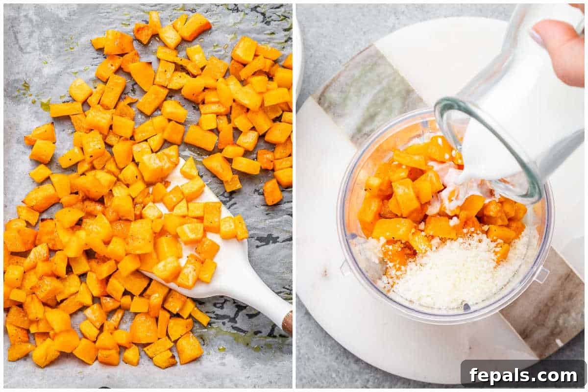 Velvety Butternut Squash Lasagna 4 Process shot showing cubed butternut squash seasoned with olive oil, salt, pepper, and cinnamon on a baking sheet, ready for roasting. A second image shows the roasted squash in a food processor with milk, cottage cheese, and parmesan, blending into a smooth, vibrant sauce.