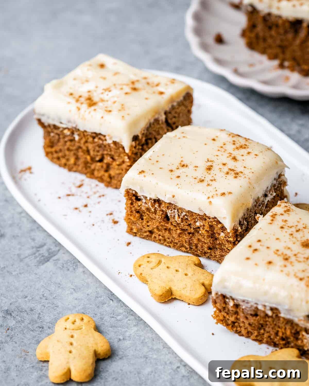 Gingerbread square cakes on a plate.